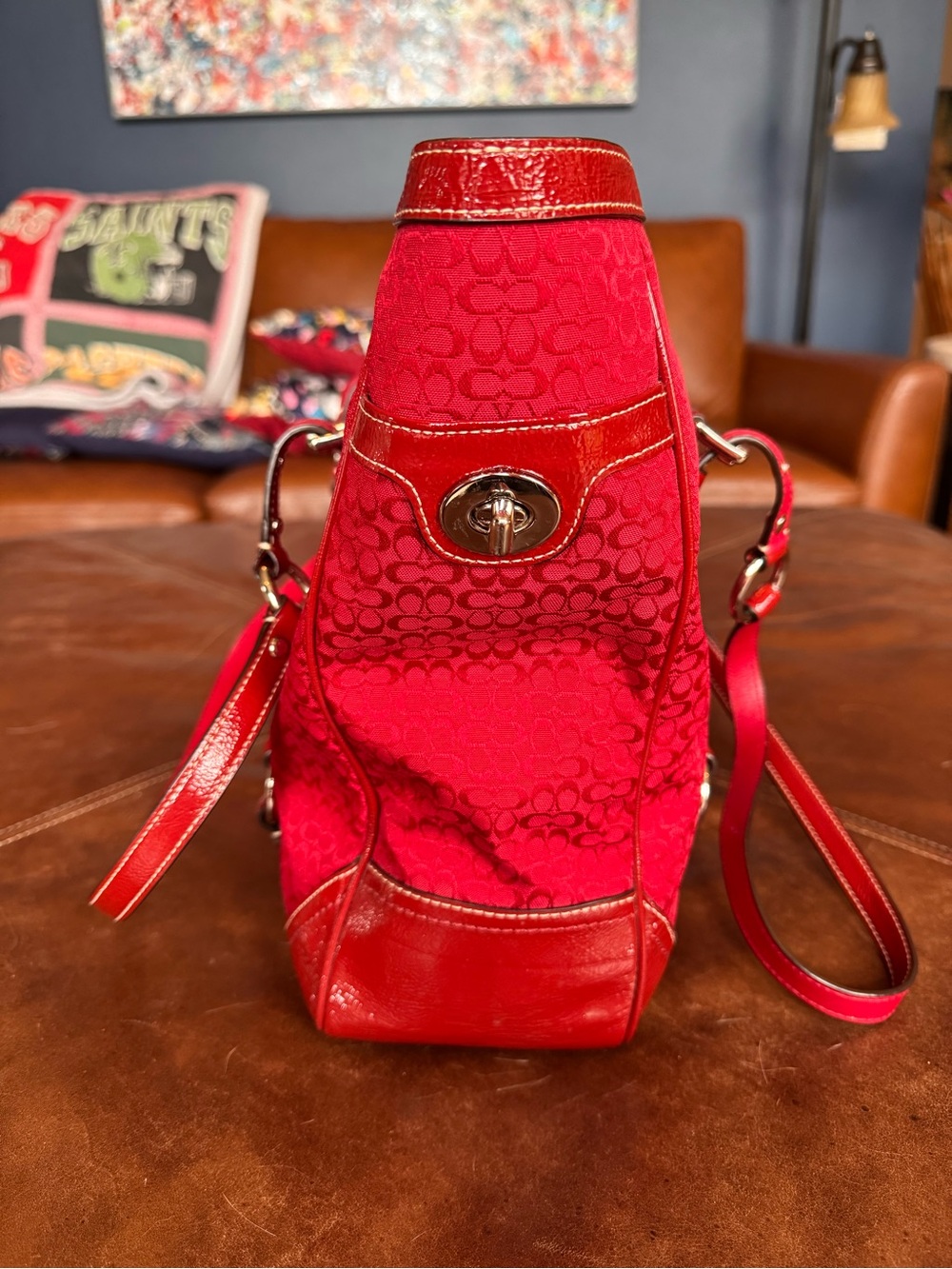 Coach Red Signature Tote with Leather Accents - Picture 3 of 5